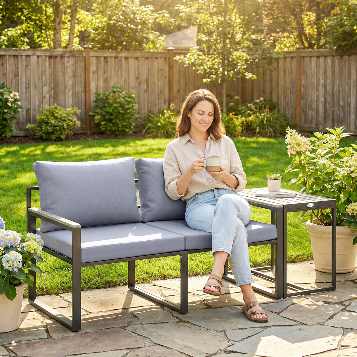 Salon de jardin 3 pièces coussins 14cm et accoudoirs en composite bois-plastique 2 fauteuils et table d'appoint gris-7