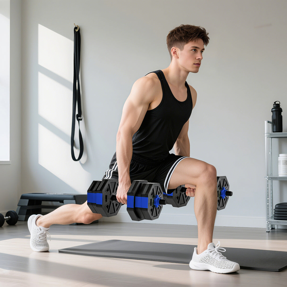 Ensemble d'haltères musculation 6-en-1 haltère réglable 20 kg kettlebell, barre de musculation support pour pompes bleu-7
