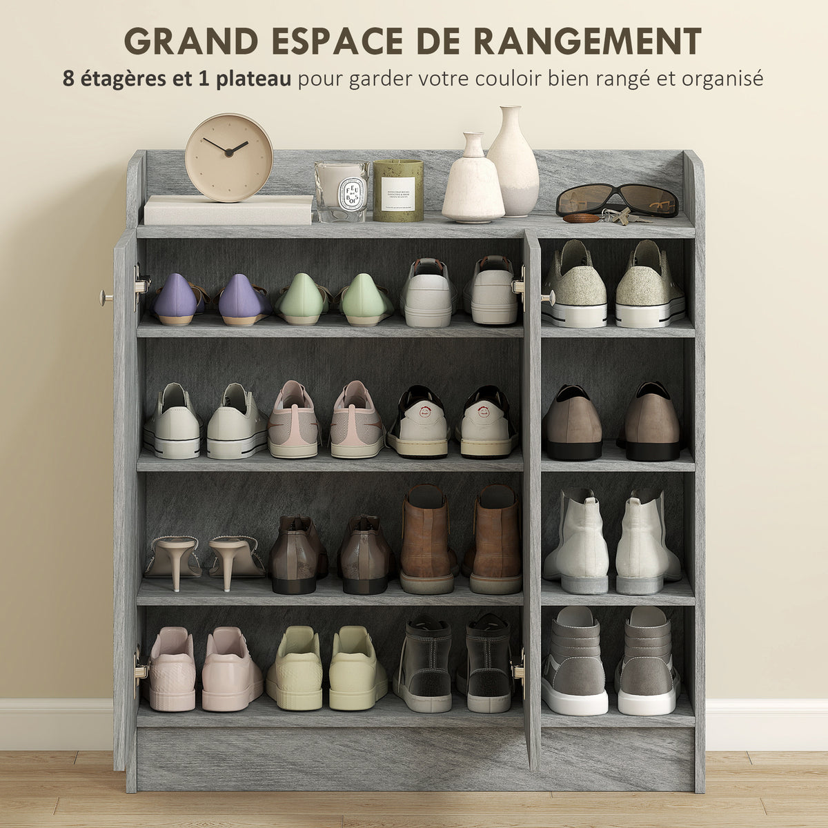 Meuble de rangement à chaussures pour entrée avec 4 compartiments ouverts et placard double porte - étagère réglable-3