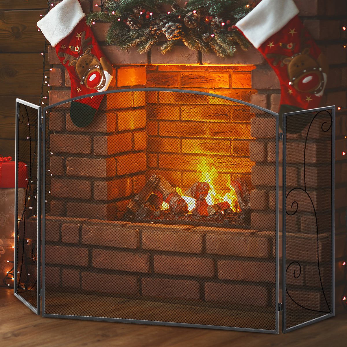 Pare-feu pour cheminée ou poêle design élégant Pare-étincelles 3 Volets Pliables dim. 132,5L x 76,5H cm Acier métal Noir-1