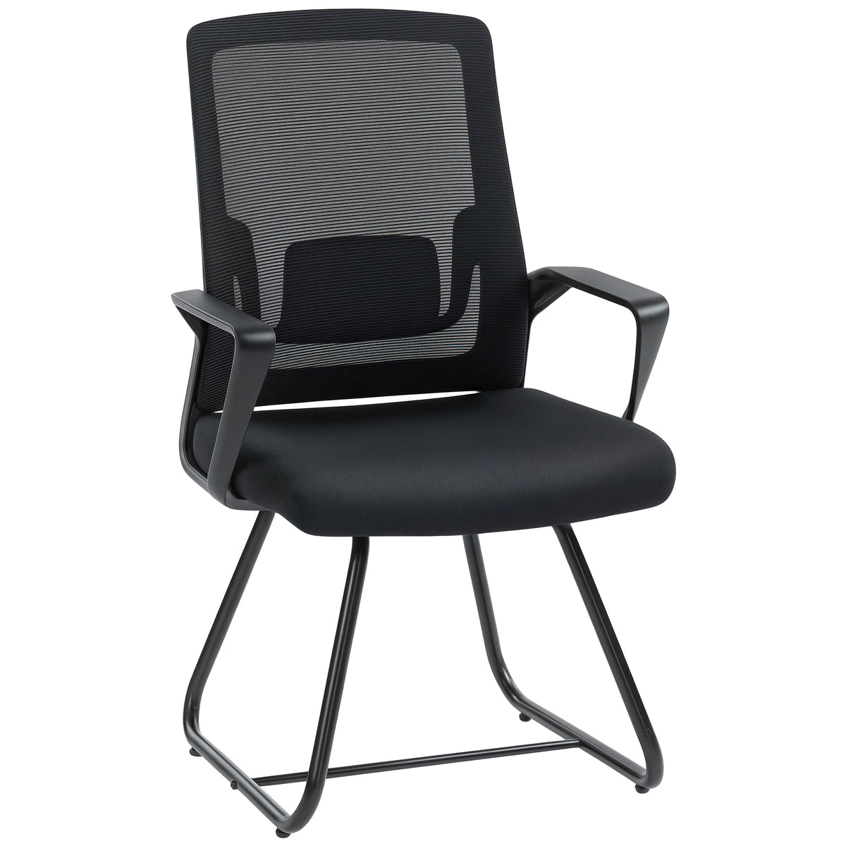 Chaise de bureau ergonomique sans roulettes, chaise de conférence avec dossier en maille, soutien lombaire, noir-0