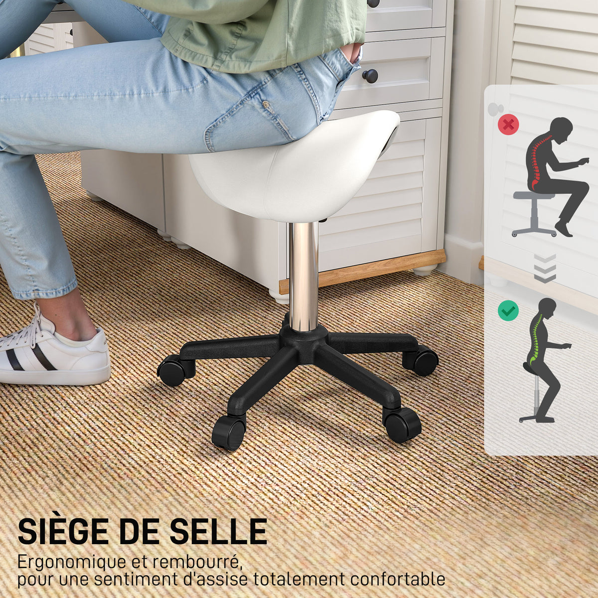 Tabouret à roulettes, chaise de travail avec hauteur réglable 45-57 cm et selle ergonomique, 48x47x45-57cm, blanc-5