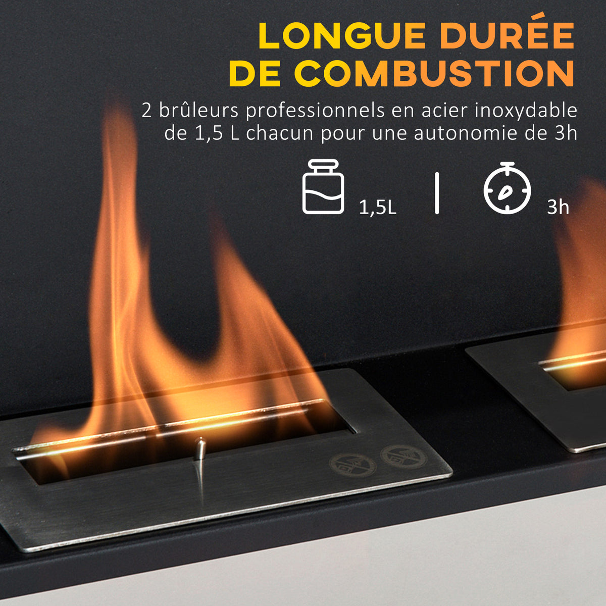 Cheminée bioéthanol Murale encastrable brûleur 2*0,9 L, environ 3 h de durée de combustion 110L x 14,5l x 54H cm Couverture 25-30 m² Acier inox-4
