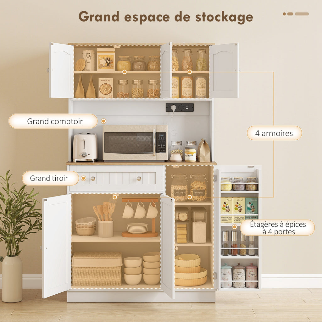 Buffet haut cuisine, armoire de cuisine, station de charge, 6 portes, plan de travail, porte-épices, 100x40x173cm, blanc-3