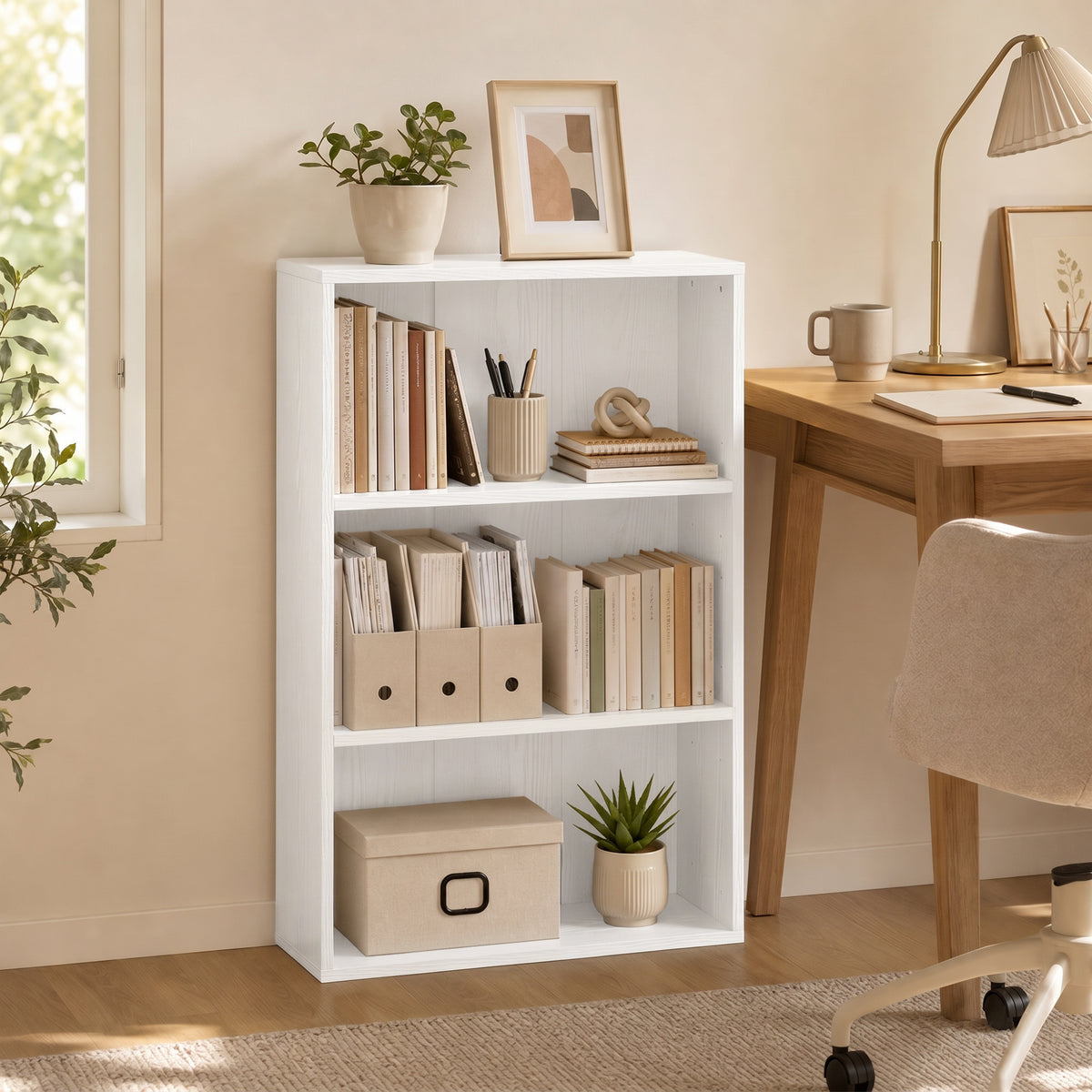 Bibliothèque étagère de rangement avec 3 compartiments et étagère réglable, 60 x 24 x 93 cm, blanc-1