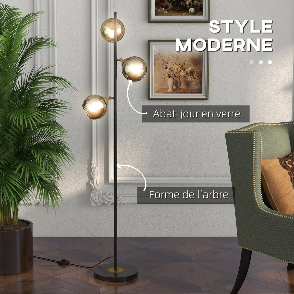 Lampadaire sur pied salon en métal avec 3 abat-jours globe métal chromé 40W Ø 36 x 162H cm noir et gris-3