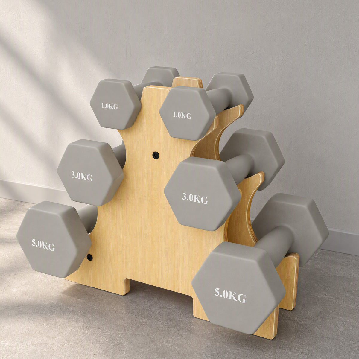Lot de 3 Paires d'Haltères Hexagonaux Antidérapants 18 kg en Fonte, Revêtement PVC, avec Support en Bois, Gris Clair-1