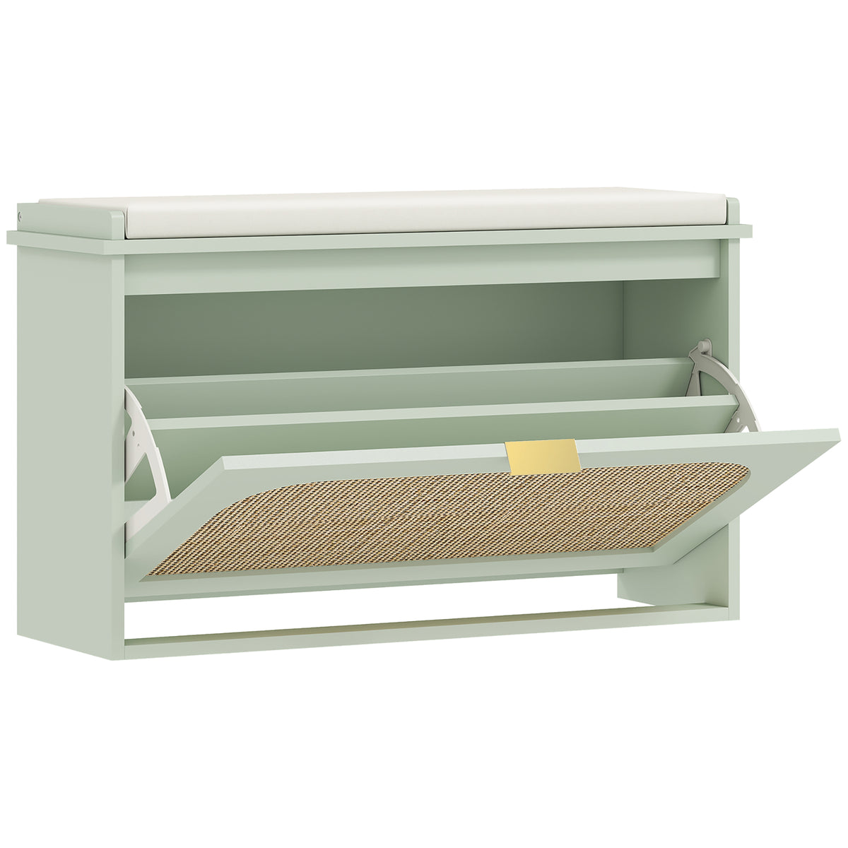 Banc à chaussures, banc de rangement, assise rembourrée, tiroir rabattable, porte en rotin, 80 x 26 x 47,5 cm, vert-0