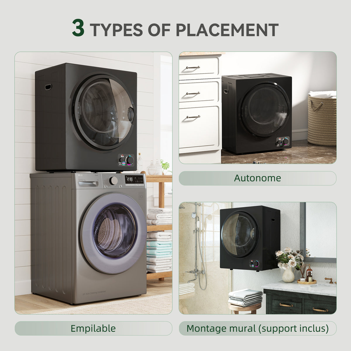 Sèche-linge électrique portable 850W, capacité 33L 4 modes de fonctionnement, acier inoxydable, 49 x 40,5 x 60 cm, noir-7