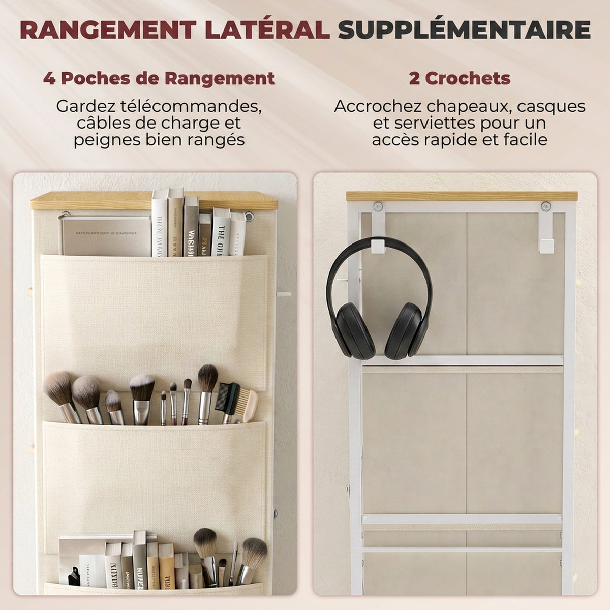 Commode 8 Tiroirs en Tissu, Meuble de Rangement avec 4 Poches, 2 Crochets, Structure en Acier, 80 x 30 x 94,5 cm, Beige-4