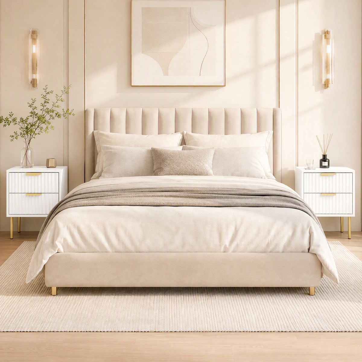 Table de chevet, table de nuit cannelée avec 2 tiroirs et pieds en acier, pour chambre à coucher, salon, blanc-8