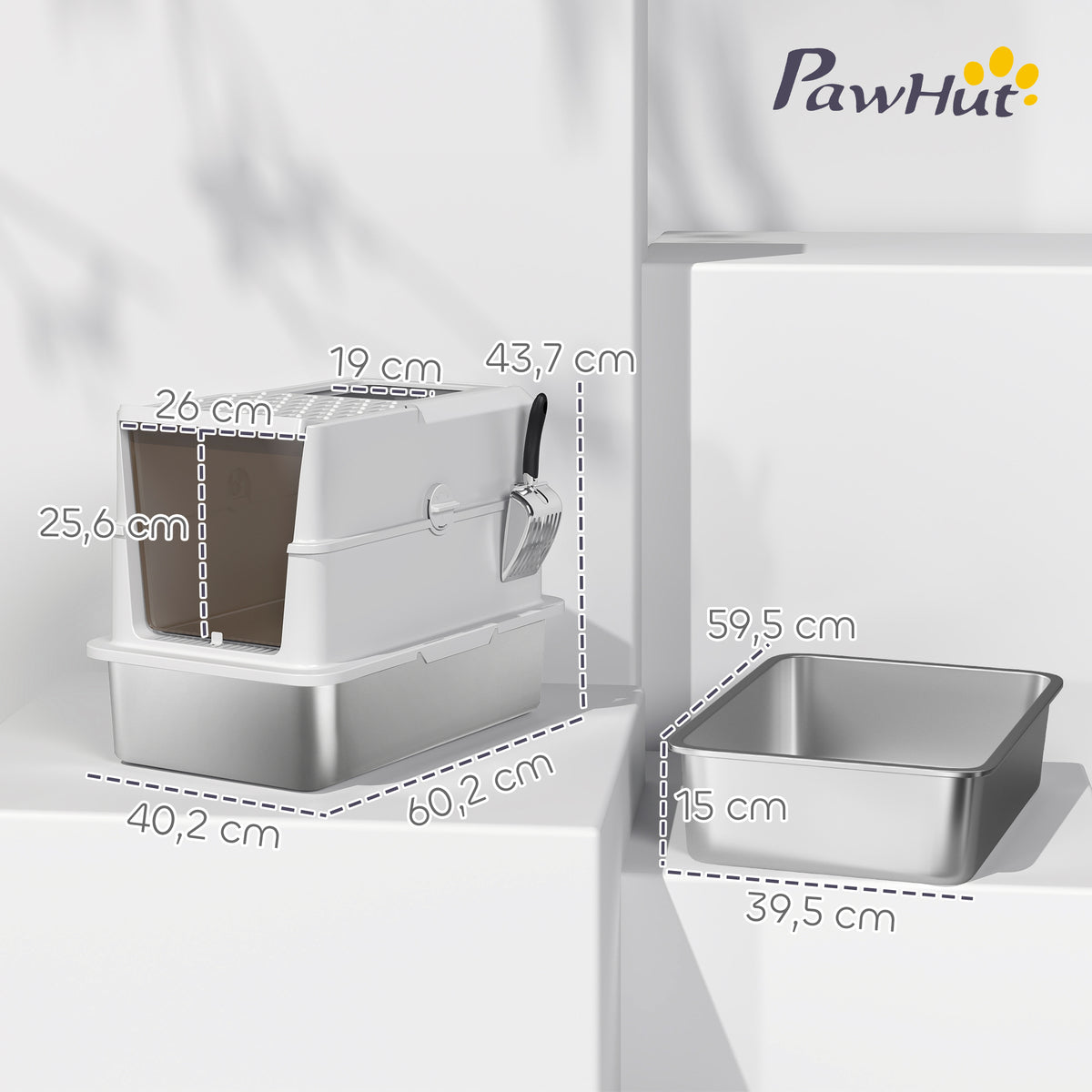 Bac à litière pour chat fermé, maison de toilette pour chat en acier inoxydable, 60,2 x 40,2 x 43,7 cm, gris clair-2