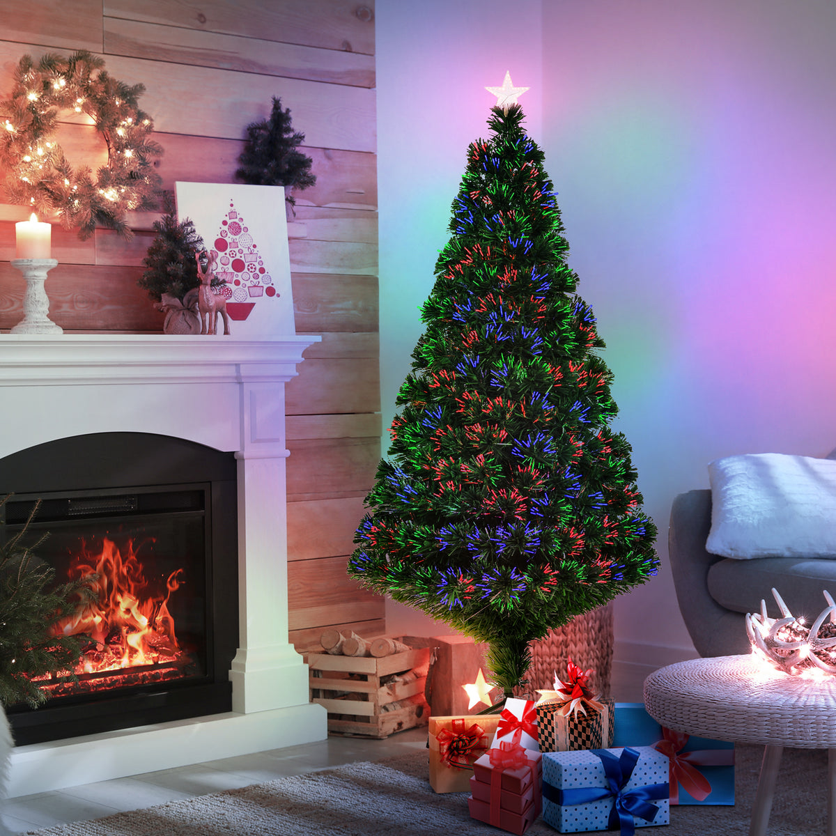 Sapin Noël Artificiel Lumineux 150H cm Fibre Optique Multicolore + Support Pied 180 Sommet Brillante Vert-1
