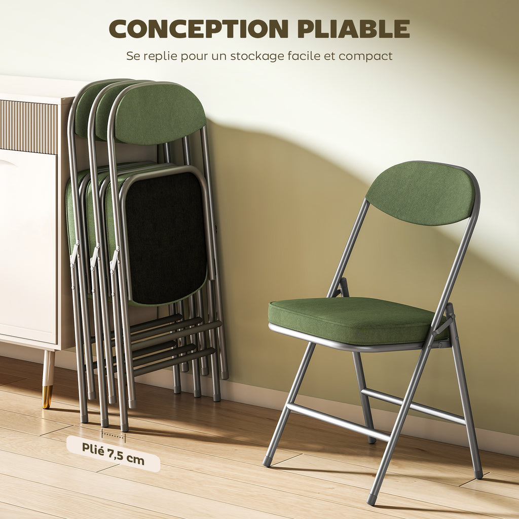 Lot de 4 chaises pliantes chaises de salle à manger portables avec assises et dossiers rembourrés en velours côtelé vert-4