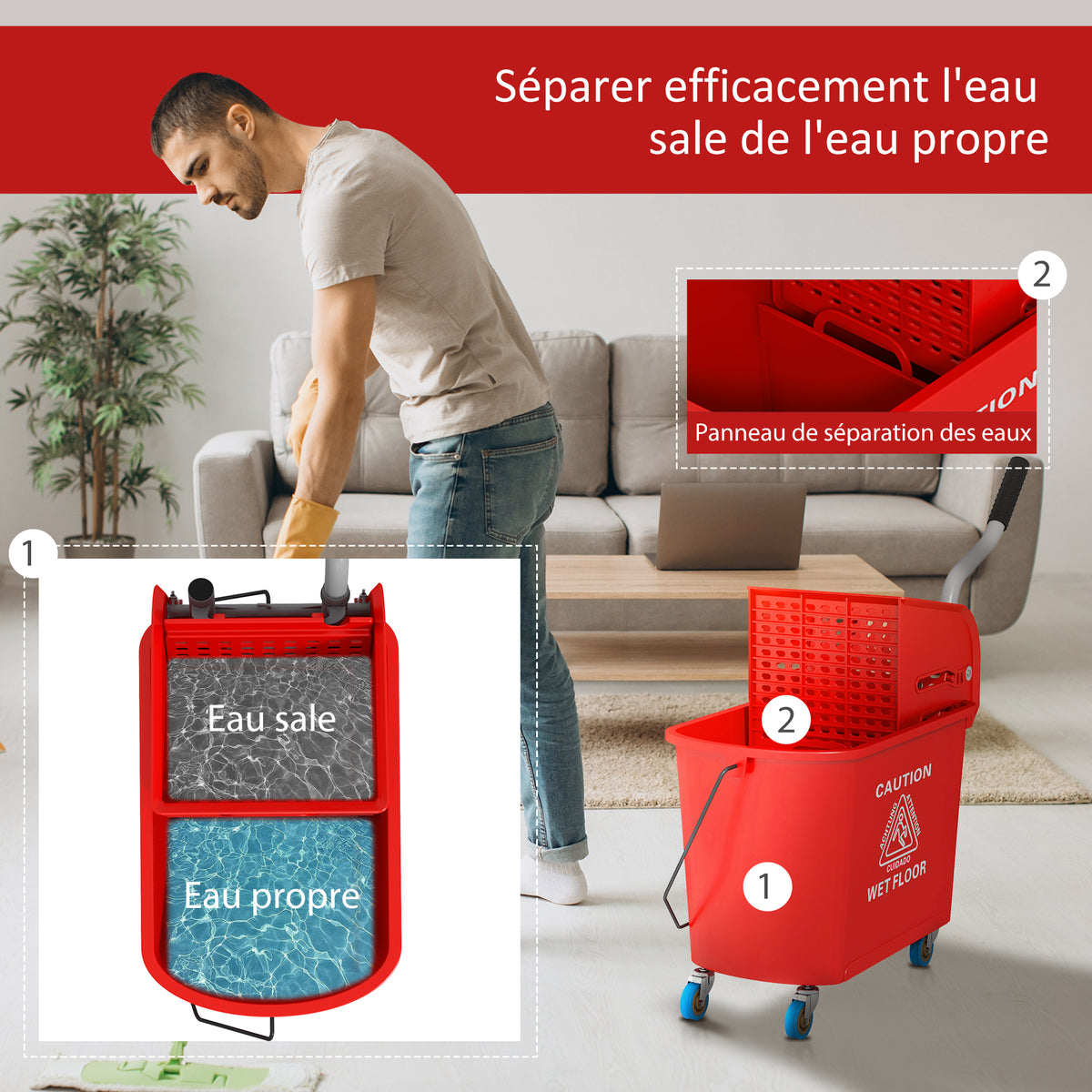 Chariot de nettoyage lavage seau de ménage 20 L avec essoreur et séparateur eau sale propre rouge 60L x 27l x 70,5H cm-4