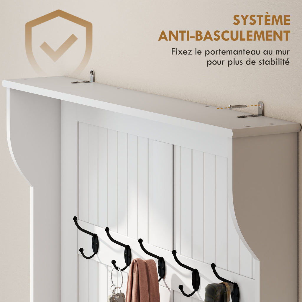 Meuble d'entrée avec banc porte manteaux 3 en 1 5 crochets banc de rangement pour salon couloir 96 x 34 x 179,7 cm crème-4