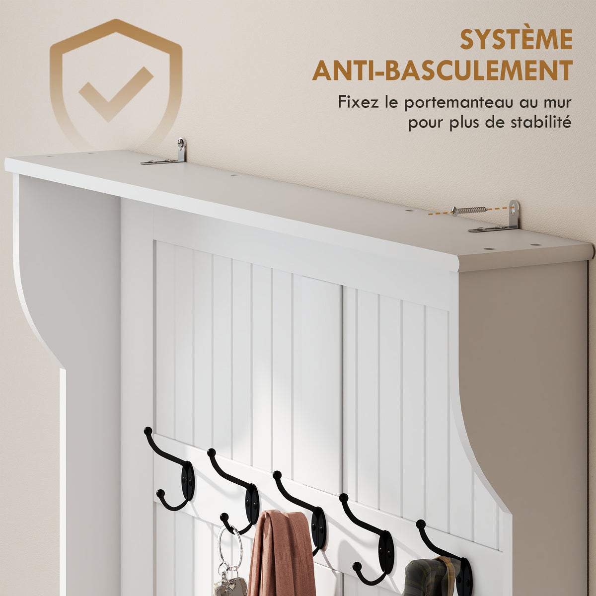 Meuble d'entrée avec banc porte manteaux 3 en 1 5 crochets banc de rangement pour salon couloir 96 x 34 x 179,7 cm crème-4