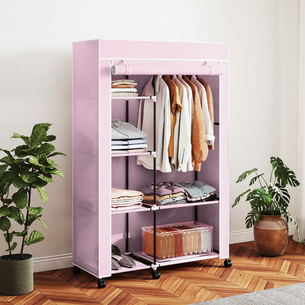 Armoire penderie en tissu meuble de rangement 6 roulettes tringle à vêtements et étagères ouvertes 103x43x166,5cm rose-9