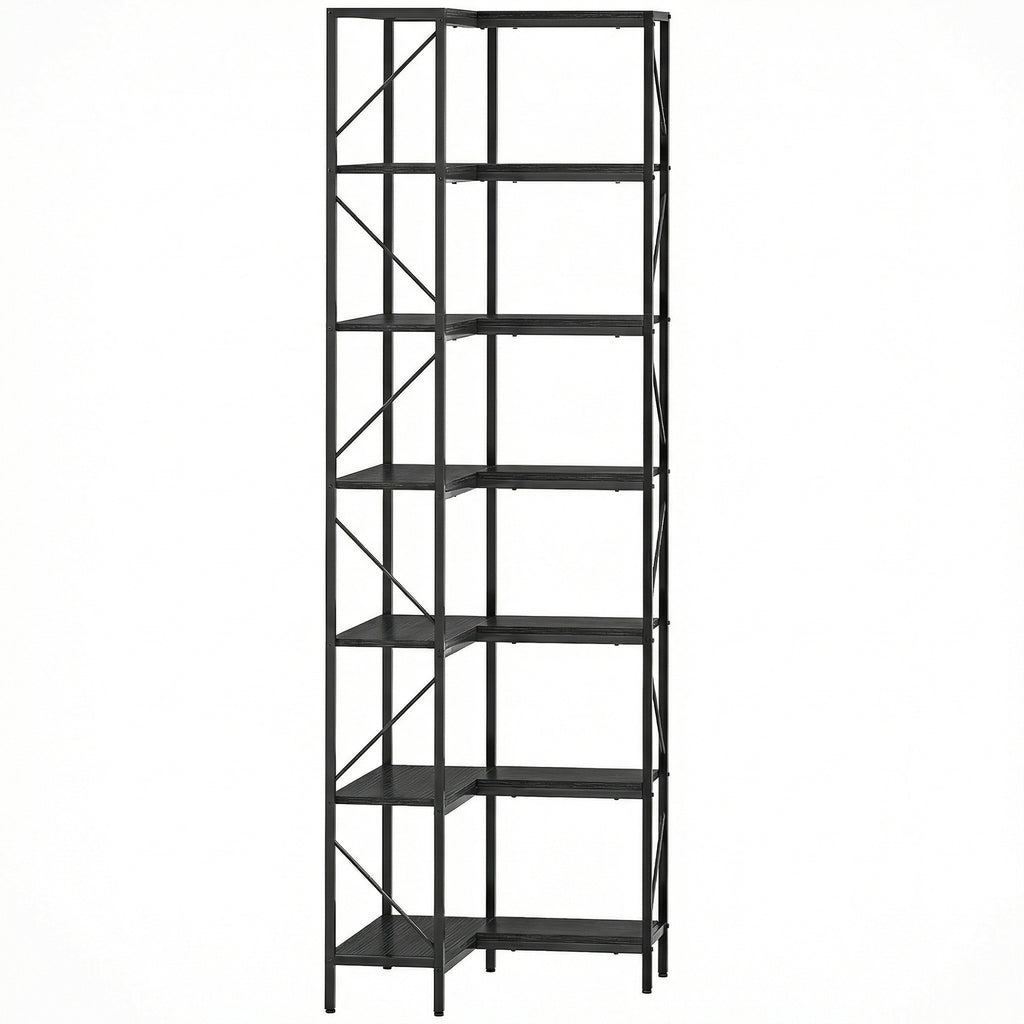 Bibliothèque d'angle à 7 niveaux industriel avec étagères de rangement, 60 x 60 x 198 cm, noir-0