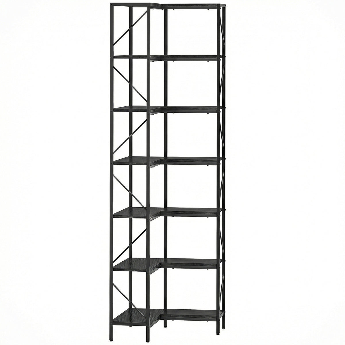 Bibliothèque d'angle à 7 niveaux industriel avec étagères de rangement, 60 x 60 x 198 cm, noir-0