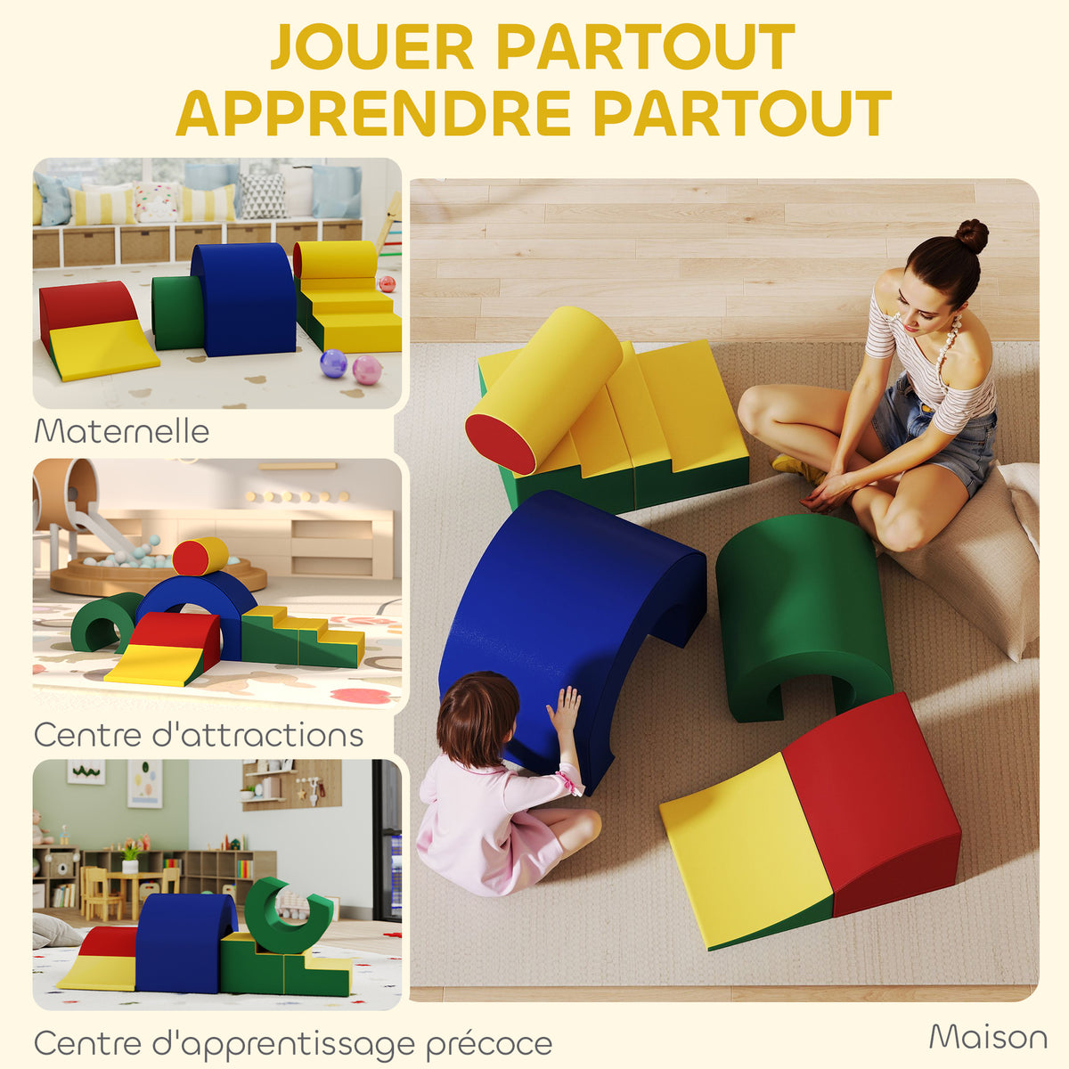 Parcours motricité enfants jouets d'escalade modulable 5 briques géantes en mousse 181 x 39 x 44 cm multicolore-6