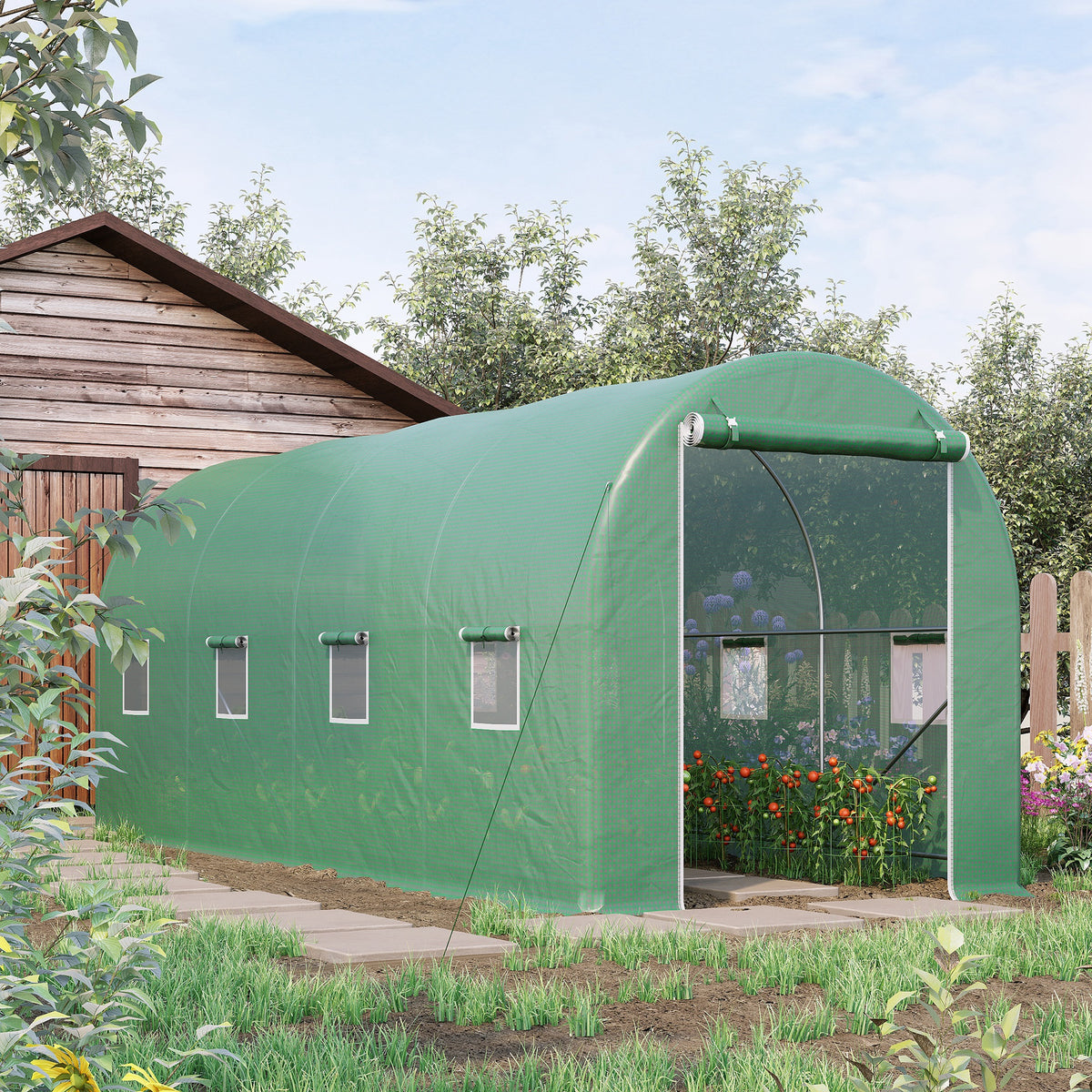 Serre de Jardin Tunnel Surface Sol 10 m² 5L x 2l x 2,05H m châssis Tubulaire renforcé Porte zippée 8 fenêtres enroulables Vert-1