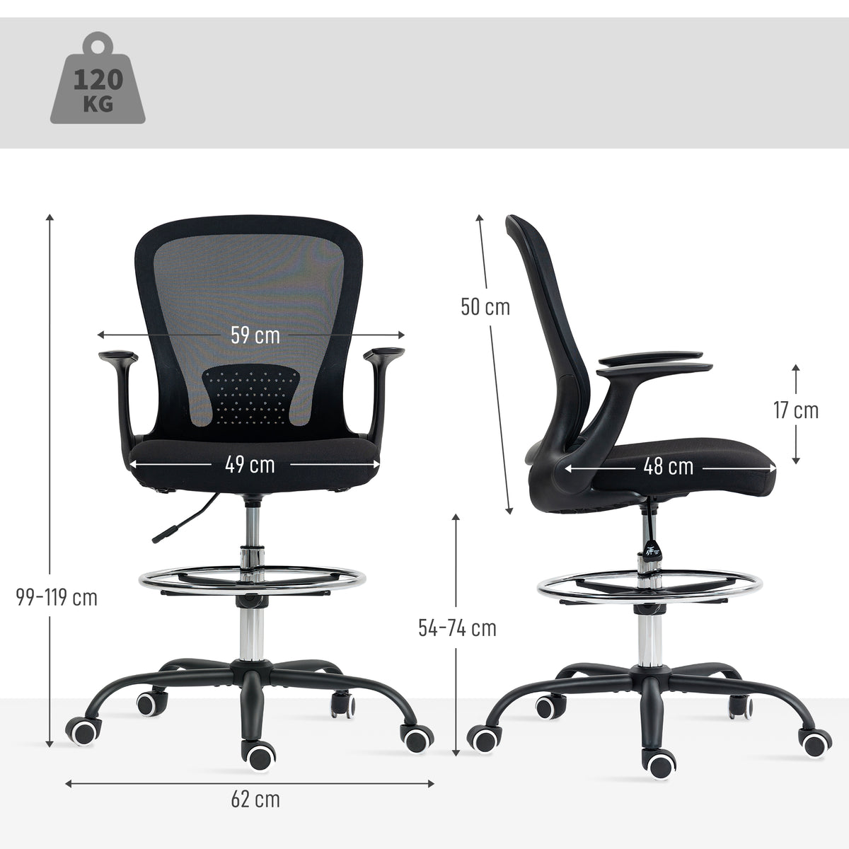 Chaise bureau ergonomique avec repose-pieds ajustable et accoudoirs relevables, hauteur réglable, 59x62x99-119cm, noir-2