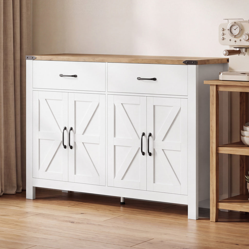 Buffet meuble de rangement style rural 2 tiroirs et 2 placards avec étagères réglables, 120 x 39,3 x 82,5 cm, blanc-1