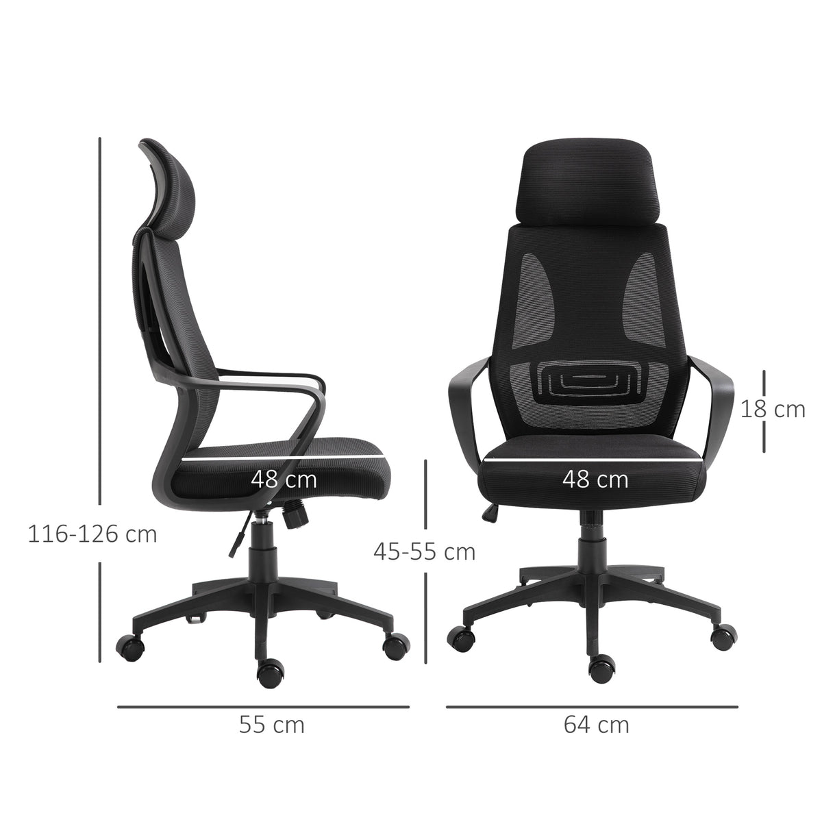 Chaise bureau ergonomique, fauteuil de bureau en maille, appui-tête, hauteur réglable, 64 x 55 x 116-126 cm, noir-2
