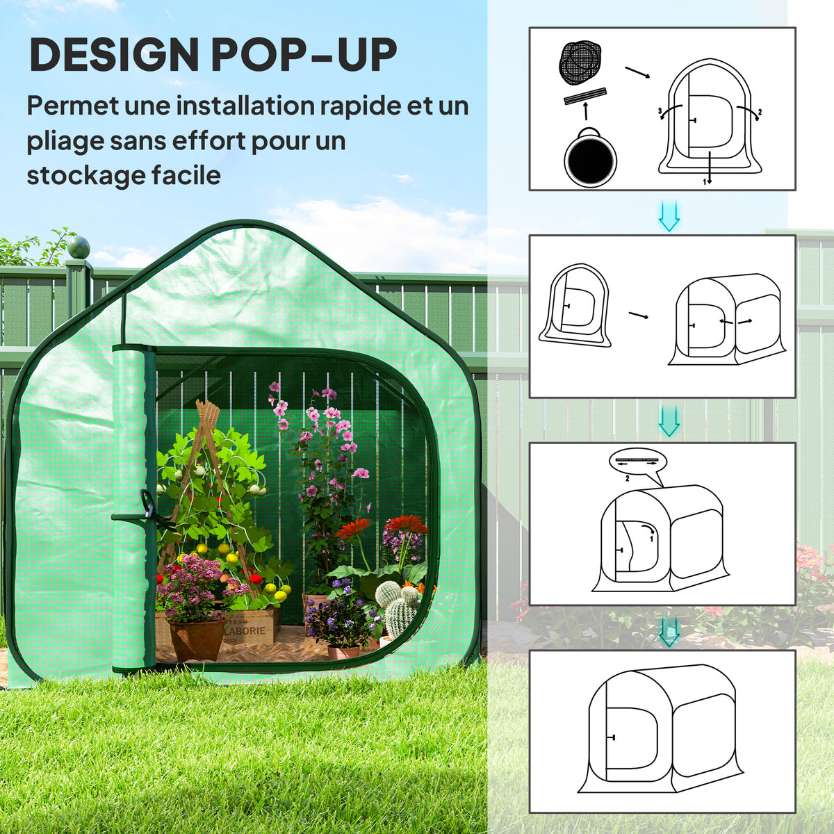 Mini serre pop-up petite serre légumes plante fleurs avec porte à fermeture éclair en PE 150 x 148 x 148 cm vert-3