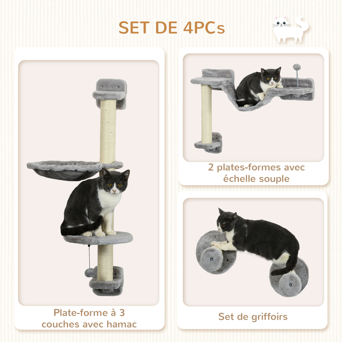 Arbre à chat parcours mural complet 4 pièces hamac, pompon, plateformes de saut, poteau en sisal et échelle peluche gris-4
