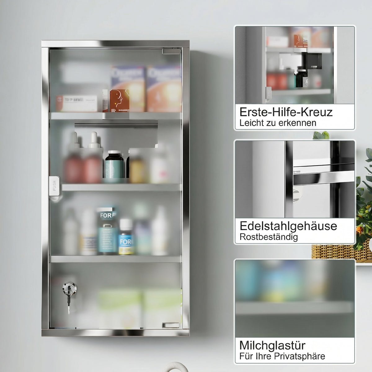 Armoire à Pharmacie 3 étagères 4 Niveaux 30L x 12l x 60H cm Porte Verre trempé Symbole Croix Acier Inoxydable brossé-5