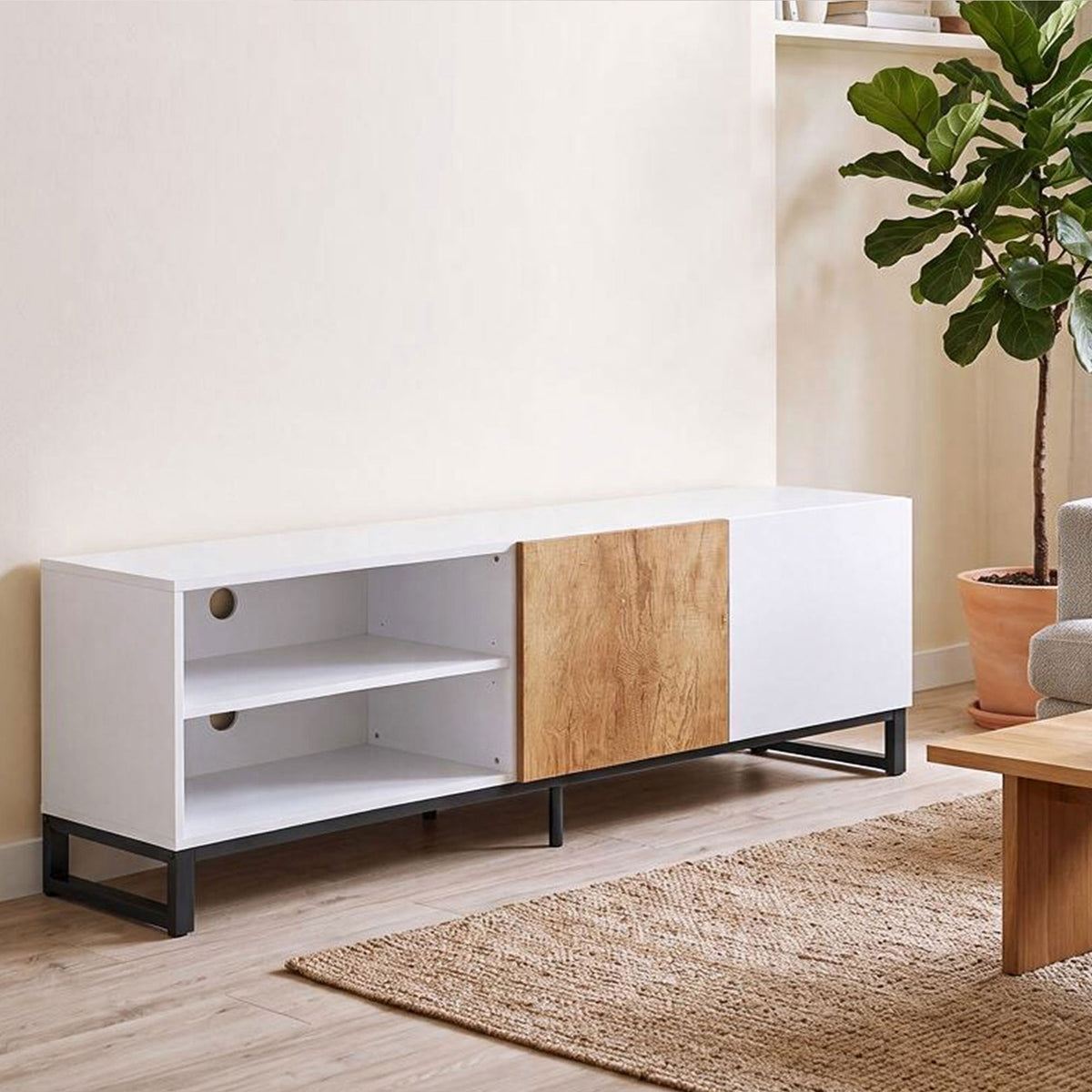 Meuble TV 140 cm, Meuble Télé pour Téléviseur jusqu'à 55 Pouces, 2 Portes à Fermeture Douce et Étagères Réglables, Blanc-1