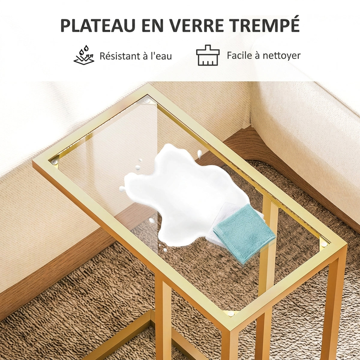Table d'appoint en forme de C avec plateau en verre trempé, cadre en acier, doré-4