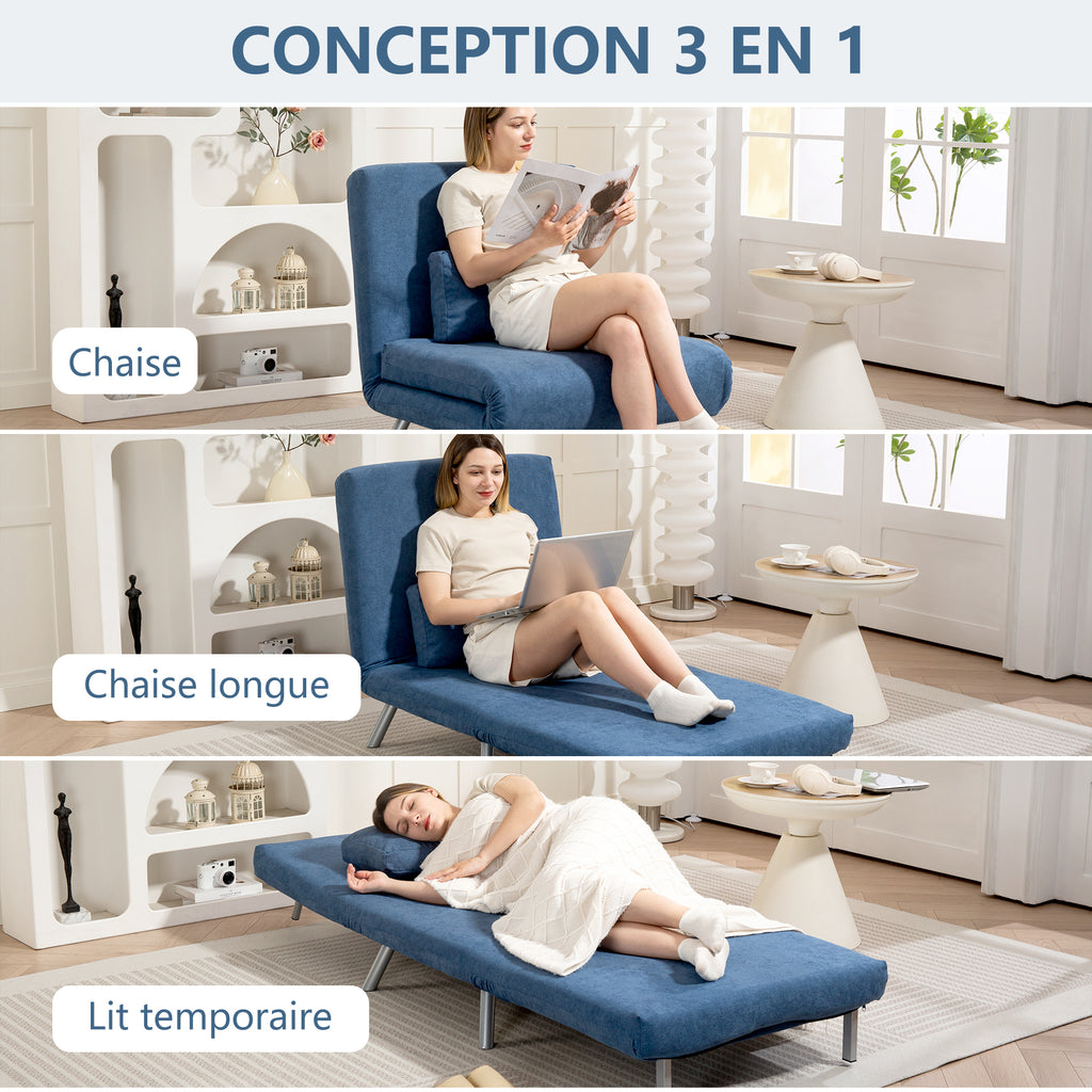 Fauteuil convertible 1 place, fauteuil-lit clic-clac 3 en 1 avec dossier réglable, oreiller, assise large, bleu-3