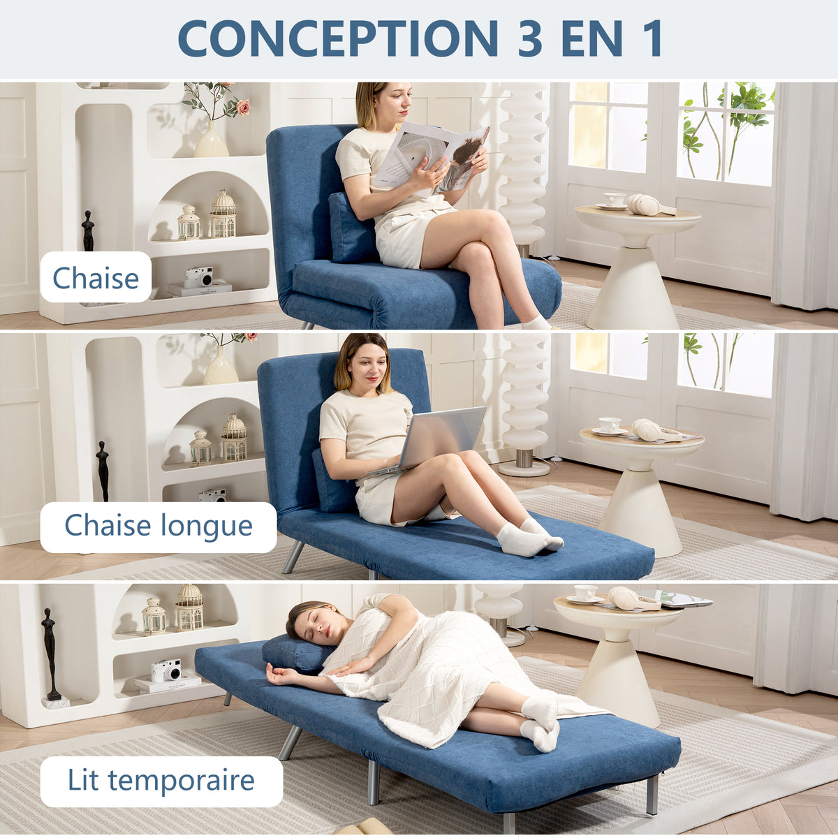 Fauteuil convertible 1 place, fauteuil-lit clic-clac 3 en 1 avec dossier réglable, oreiller, assise large, bleu-3