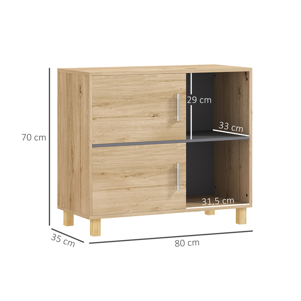 Meuble de salle de bain, meuble de rangement avec compartiments ouverts et placard, dim. 80 x 35 x 70 cm, bois naturel-2