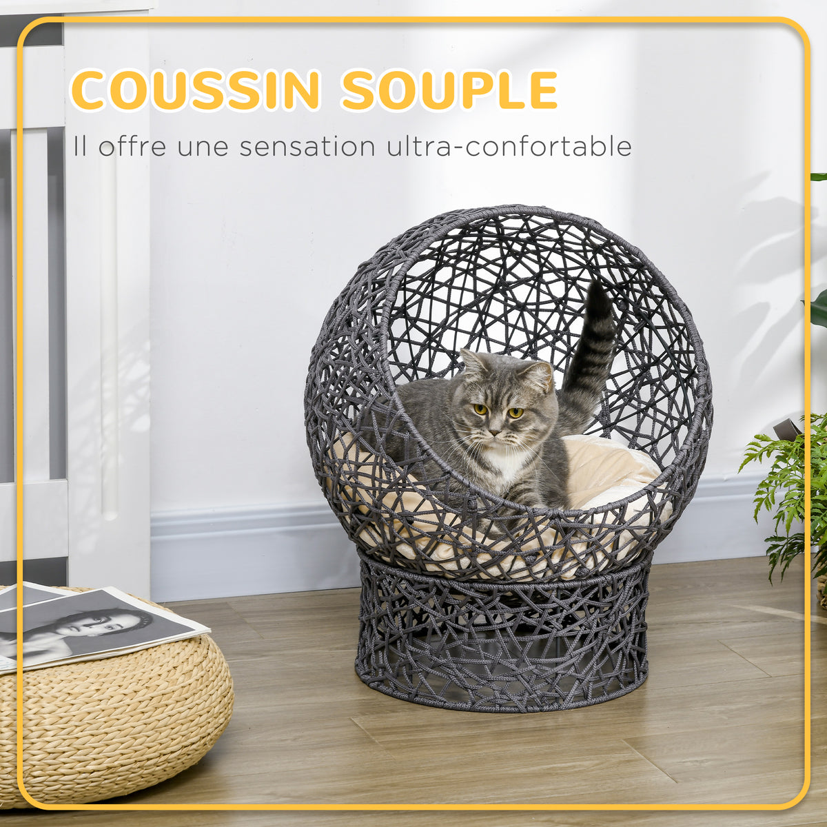 Panier chat lit surélevé chat cosy niche grotte 50 x 50 x 60 cm coussin moelleux crème inclus, corde en polyester violet-5