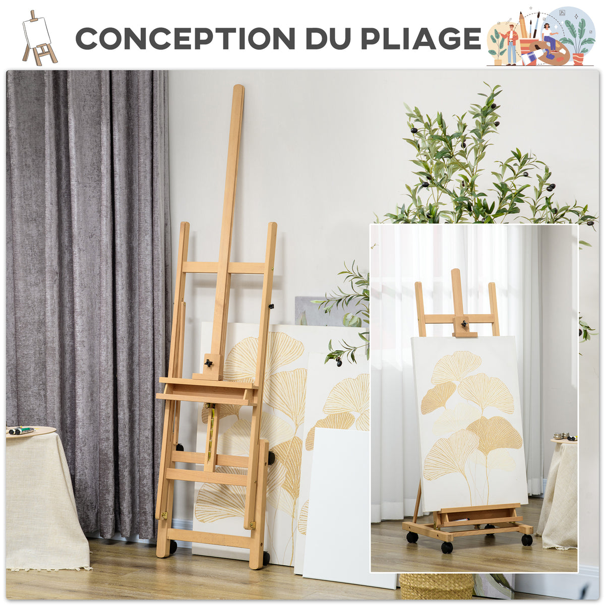 Chevalet d'artiste sur roulettes pliable en bois de hêtre pour toiles à peindre jusqu'à 118 cm bois naturel-6
