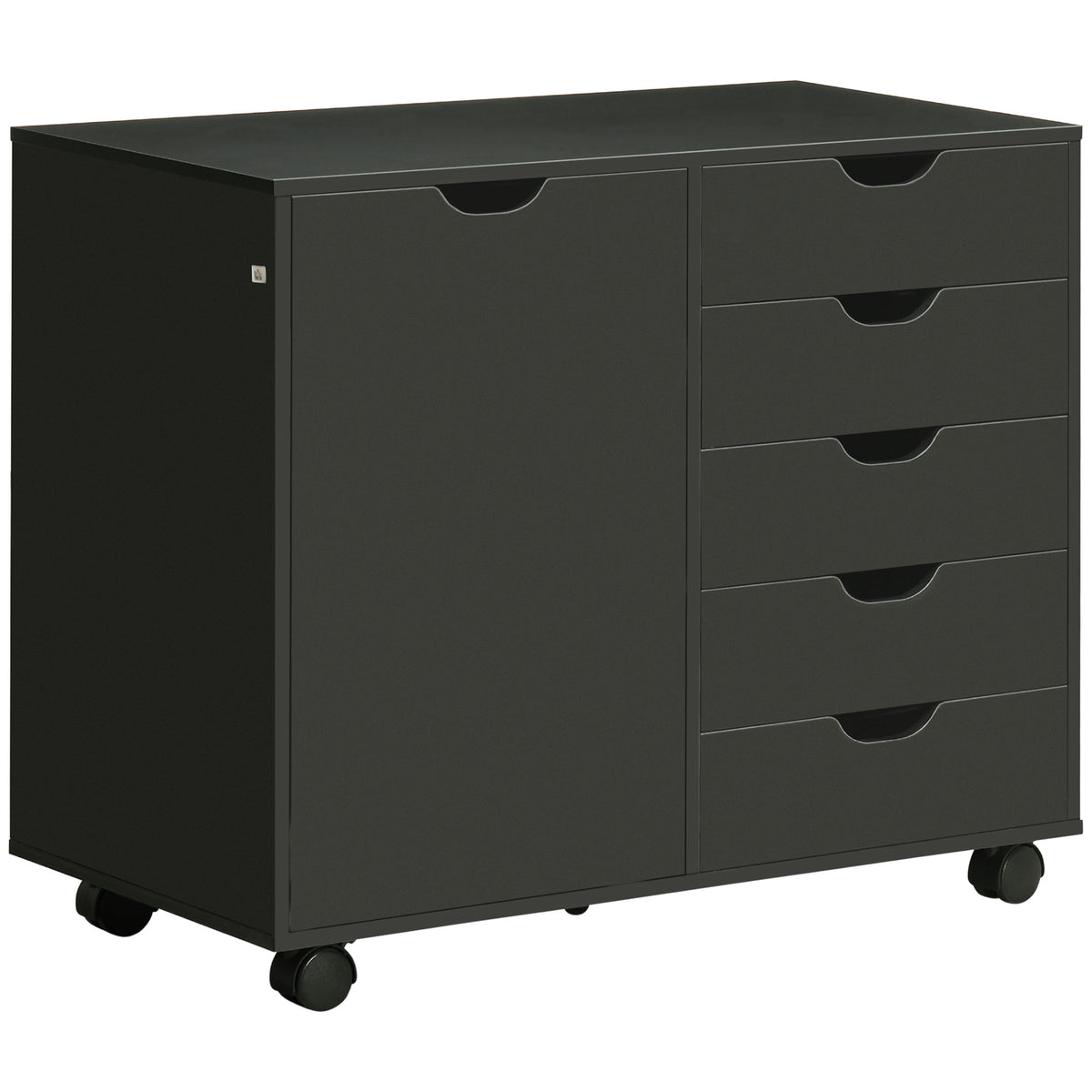 Caisson de bureau avec 5 tiroirs 1 porte étagère réglable, support imprimante sur roulettes, 78x40x66,5 cm, noir-0