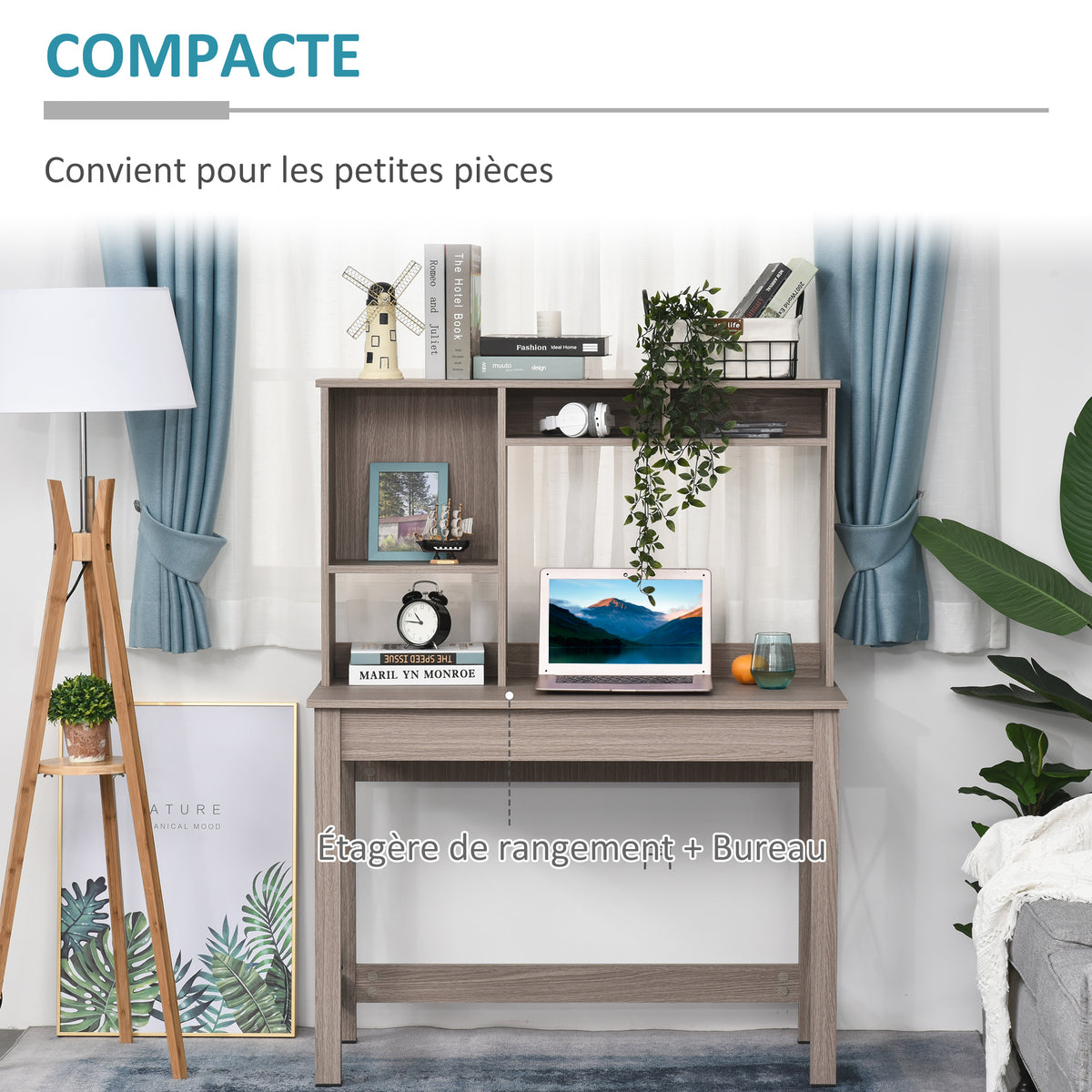 Bureau avec rangement bibliothèque en bois moderne avec étagères et grand plateau pour petits espaces maison-4