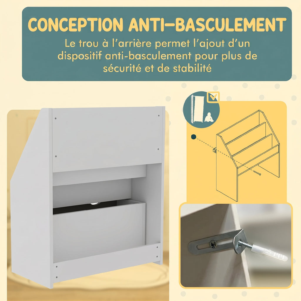 Bibliothèque pour enfants Multi-Rangement avec 3 niveaux d'étagères et un tiroir, 62,5L x 30l x 70H cm, gris et blanc-4