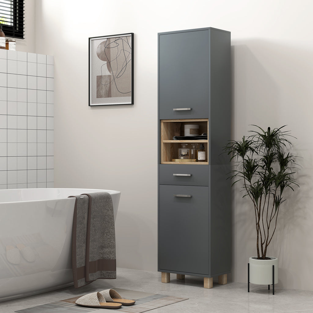 Colonne salle de bain, meuble salle de bain rangement avec 2 placards, tiroir et 2 compartiments ouverts, gris-9