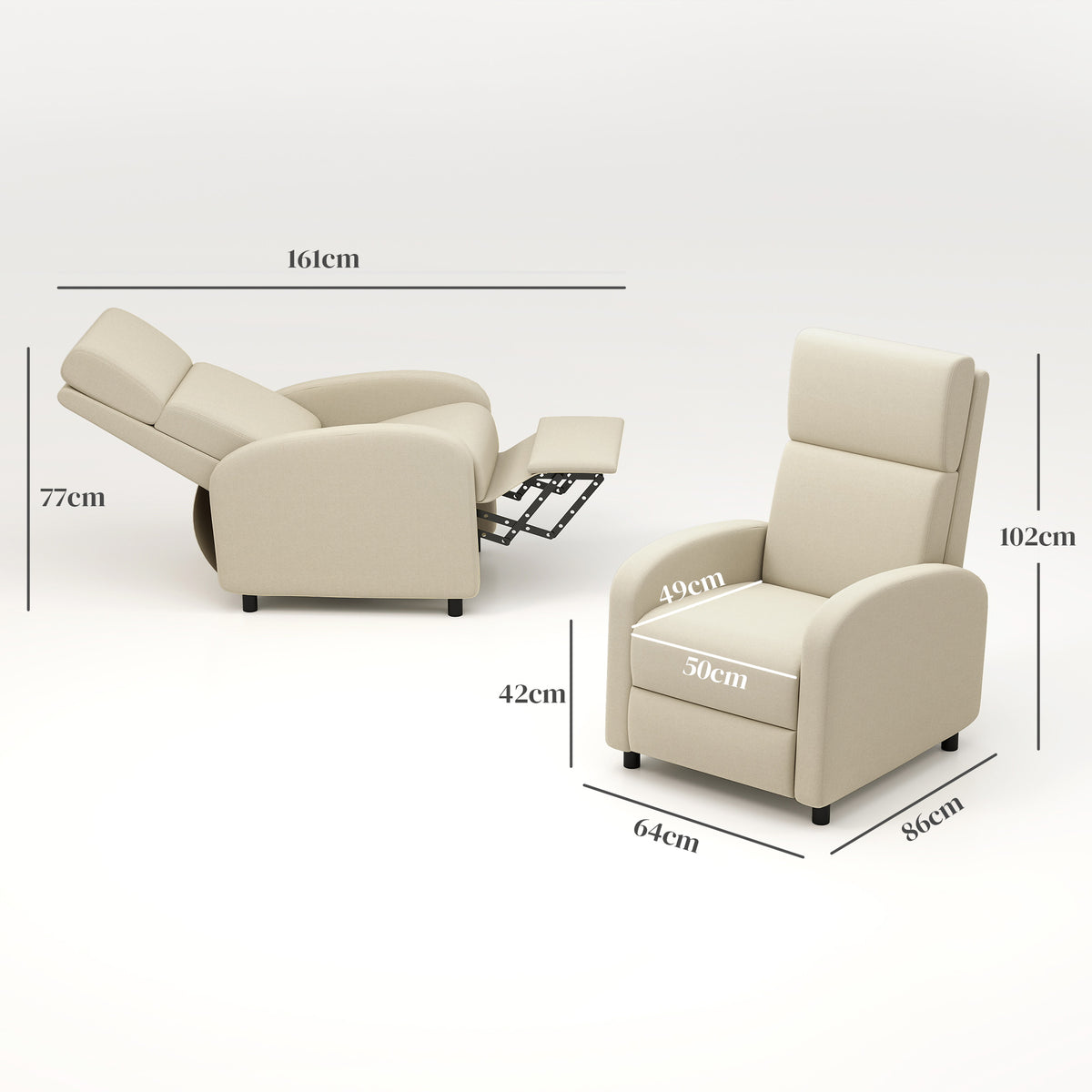 Fauteuil Relax Inclinable jusqu'à 160° Manuellement avec Repose-Pieds Intégré, Charge Max. 120kg, Grand Confort, Crème-2