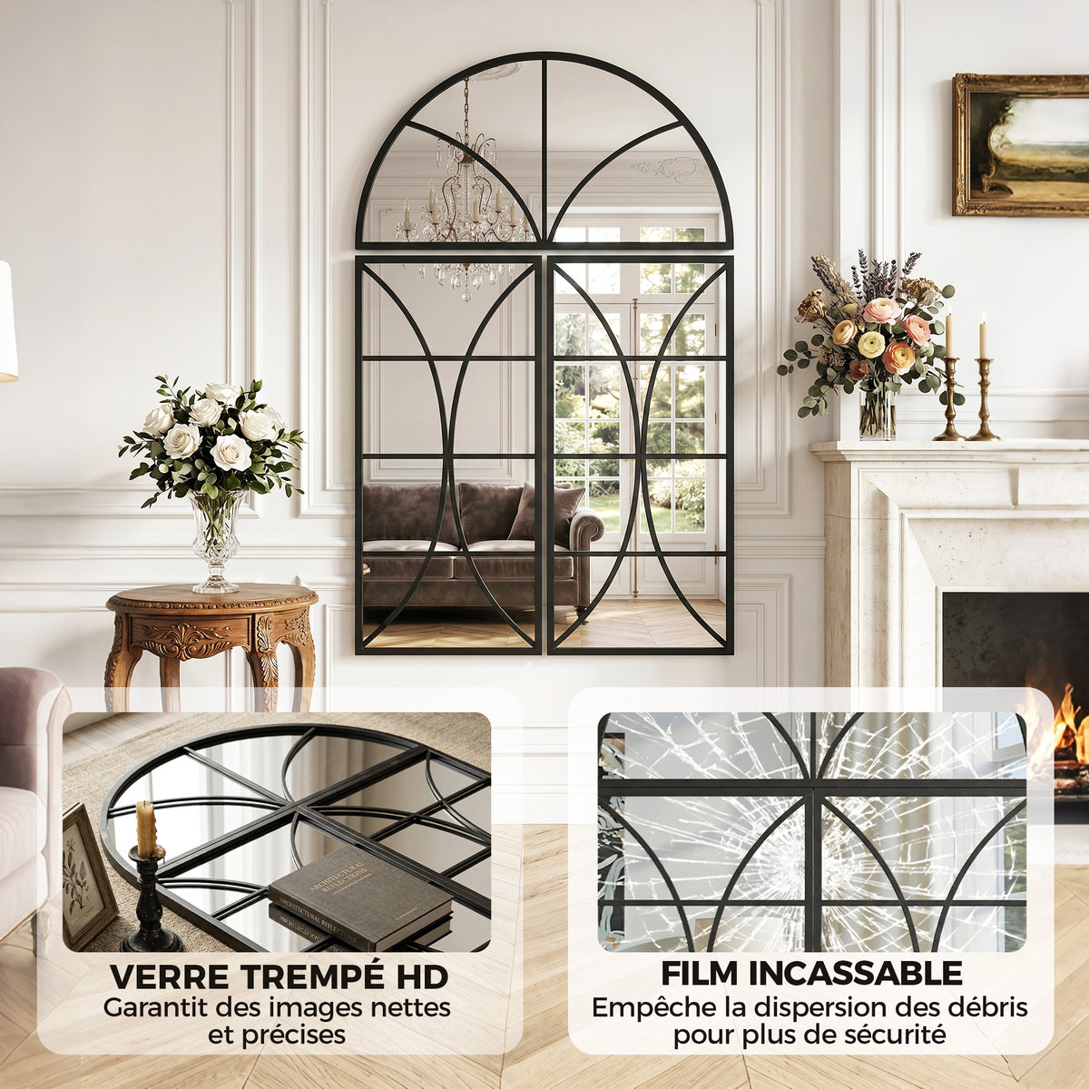 Miroir mural arqué 80 x 120 cm, lot de 3 pièces, miroir verrière en forme de fenêtre, verre trempé et métal, noir-4