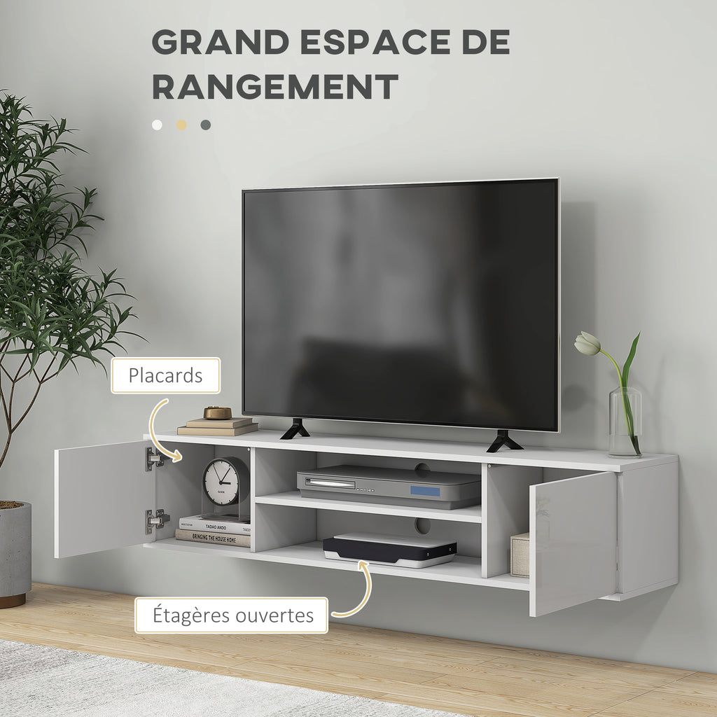 Meuble banc TV mural suspendu style contemporain 2 placards 2 niches centrales et 2 passe-câbles 140 x 30 x 30 cm blanc-4
