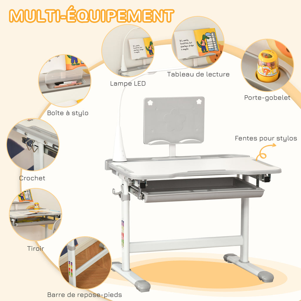 Ensemble chaise et bureau pour enfants avec lampe LED hauteur réglable plateau incliné support de lecture gris-4