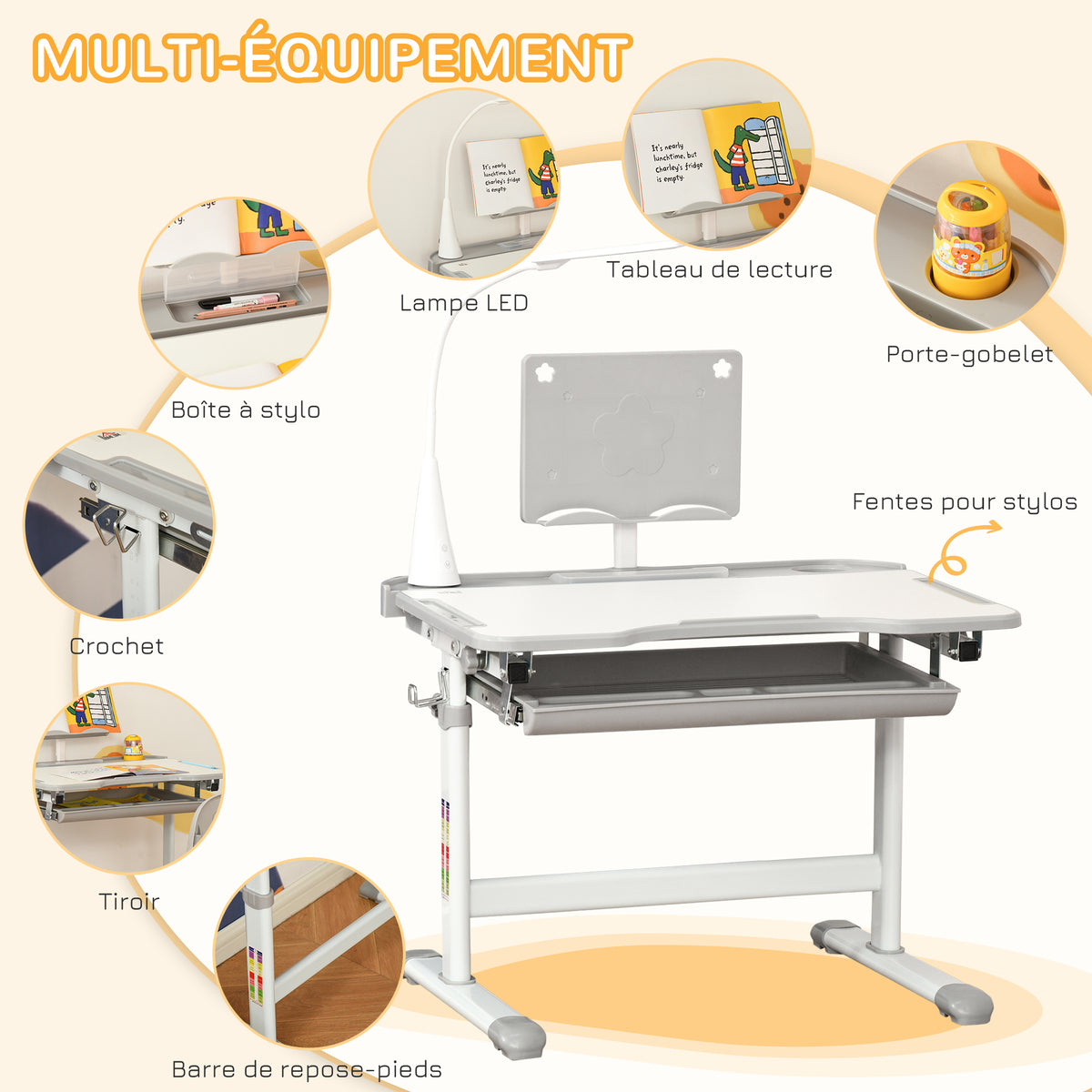 Ensemble chaise et bureau pour enfants avec lampe LED hauteur réglable plateau incliné support de lecture gris-4