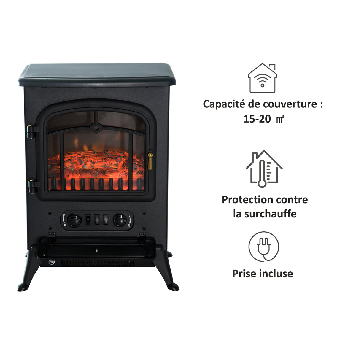 Cheminée électrique à Effet de Flamme poêle Style rétro Thermostat 1000/2000 W Anti surchauffe Noir-3