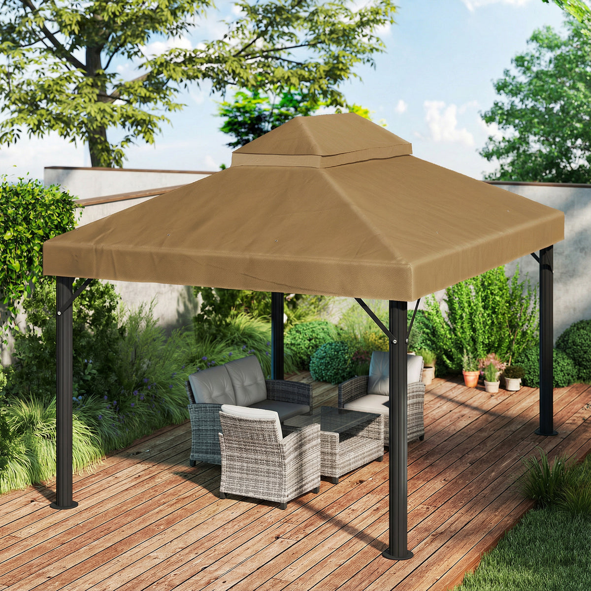 Toile de rechange pour pavillon toile de tonnelle 4 x 3 m, double toit avec trous de drainage, polyester 370 g/m², beige-8